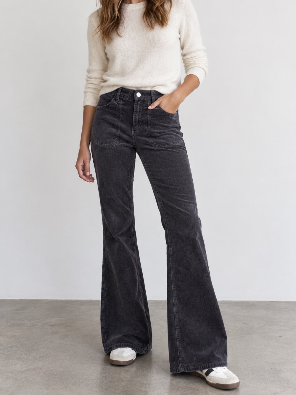 Pilcro The Icon Flare Corduroy Pants 27T Gray Stretch Mid Rise Patch Pockets